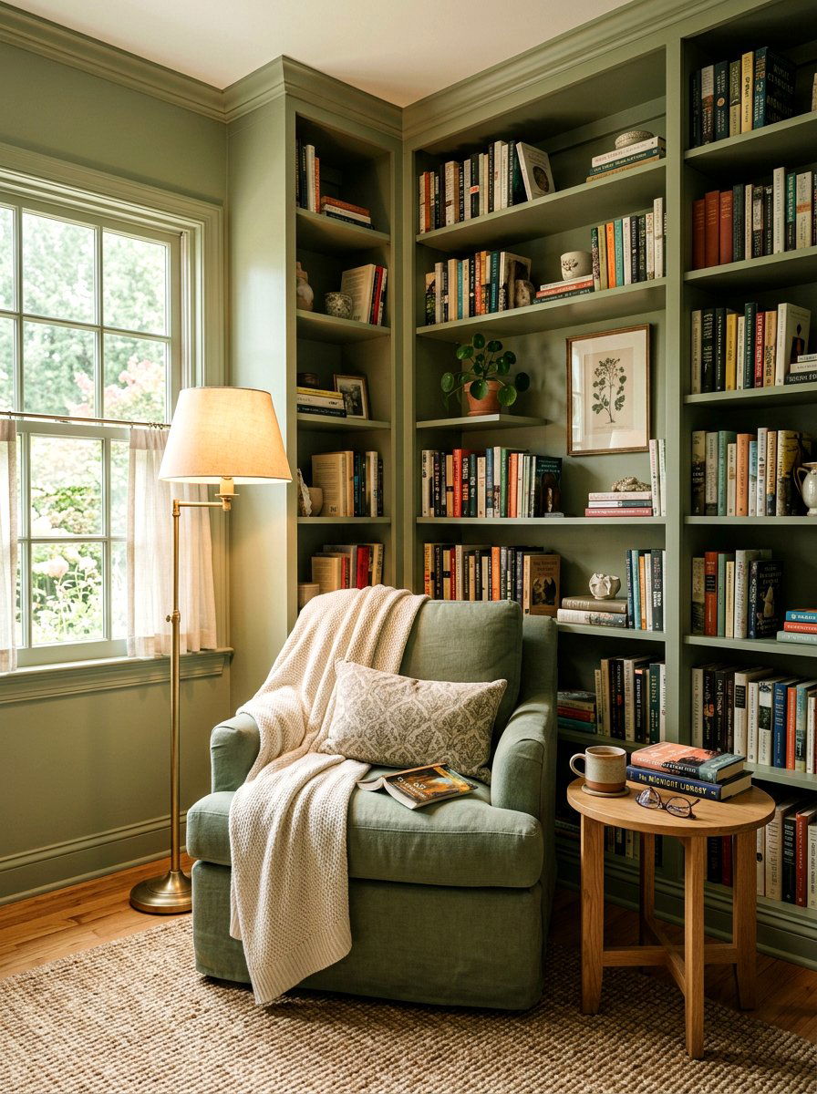 Sage green reading nook - 25 Spring Sage Green Decor Ideas