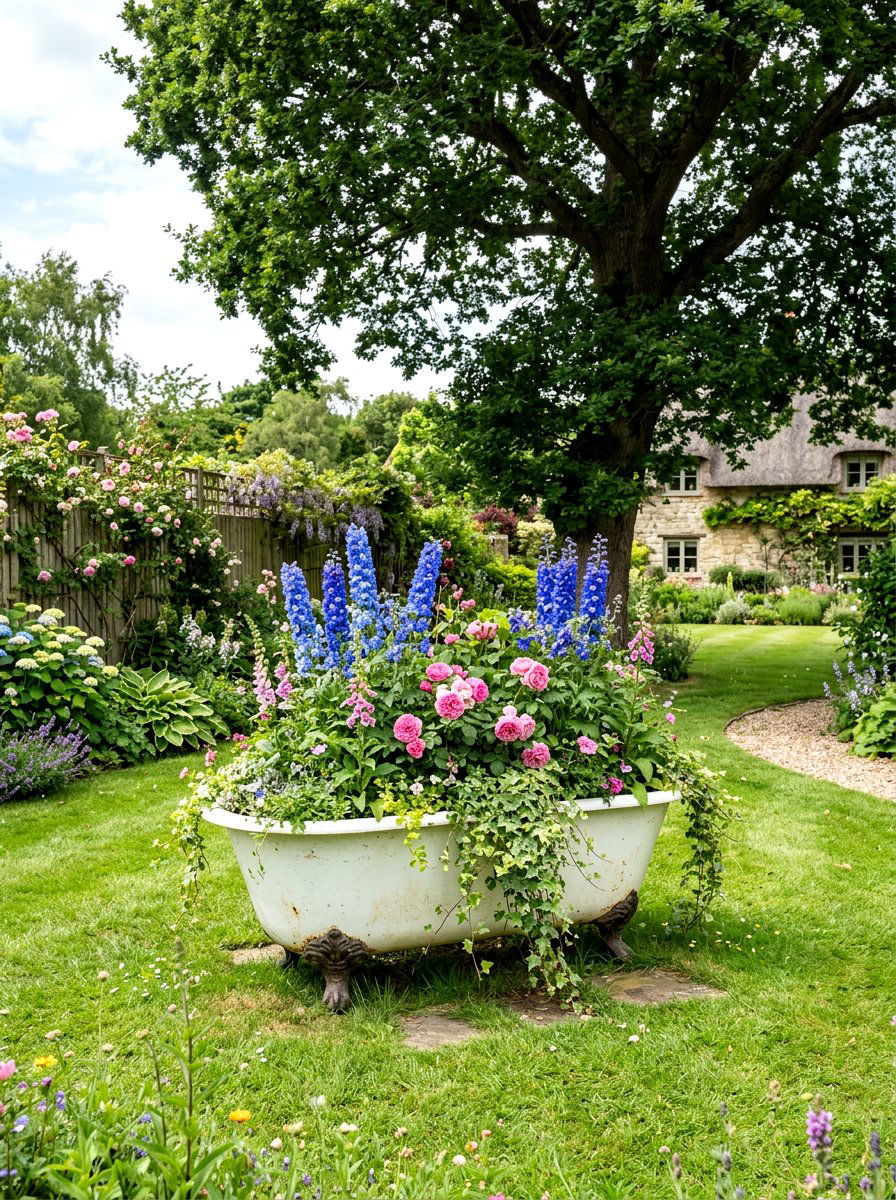 Salvaged Clawfoot Tub Feature - 25 Spring Antique Planter Ideas