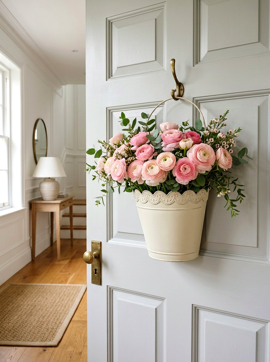 Scalloped edge bucket for front door - 25 Spring Flower Bucket Door Ideas