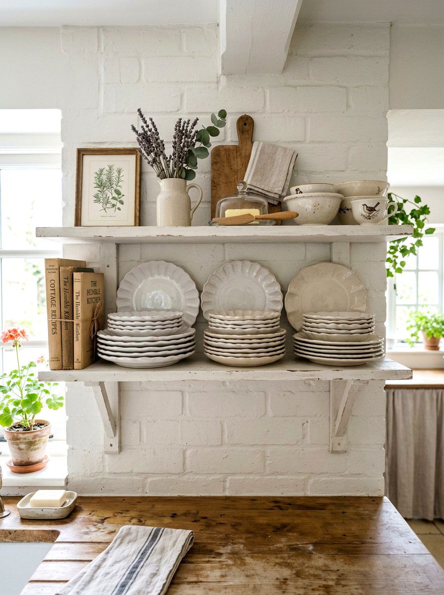 Scalloped edge plates - 25 Spring Kitchen Shelf Decor Ideas