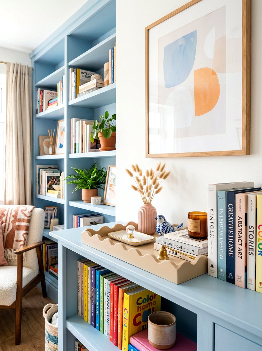 Scalloped tray decor - 25 Spring Bookshelf Decor Ideas