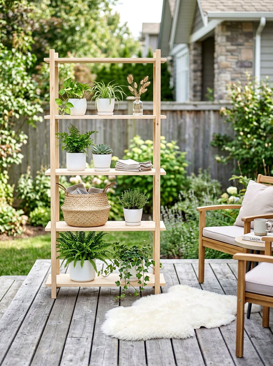 Scandi Style Patio Shelf - 25 Spring Outdoor Shelf Decor Ideas