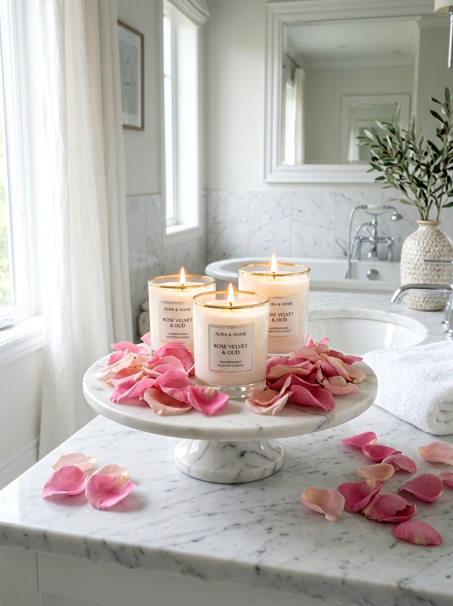 Scented Candles And Petals - 25 Spring Cake Stand Decor Ideas