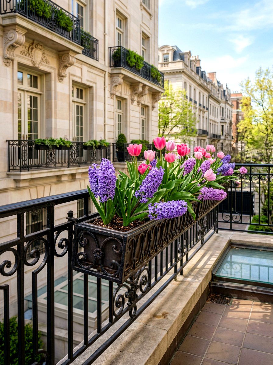 Scented Hyacinths And Tulips - 25 Spring Balcony Flower Box Ideas