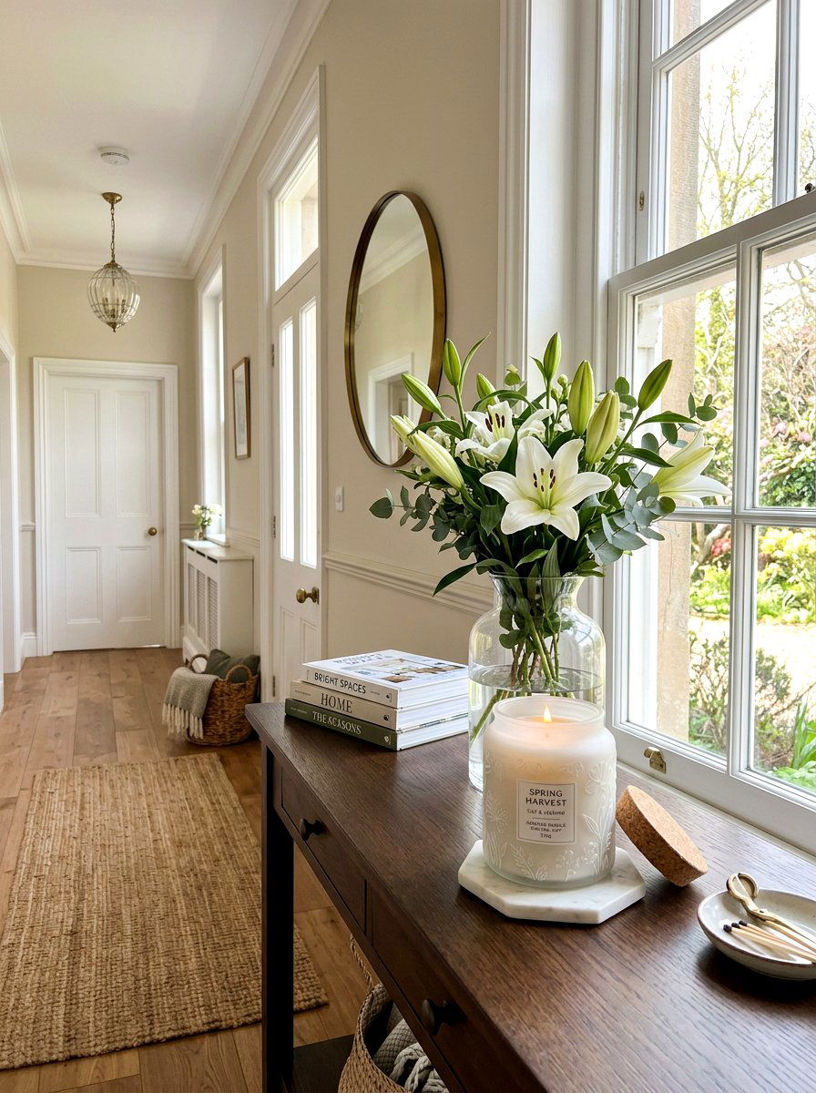 Scented spring candle - 25 Spring Hallway Table Decor Ideas