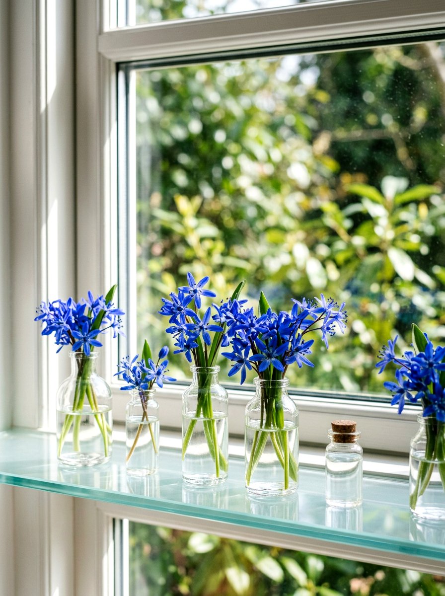 Scilla In Small Glass Bottles - 25 Spring Bulb Forcing Ideas