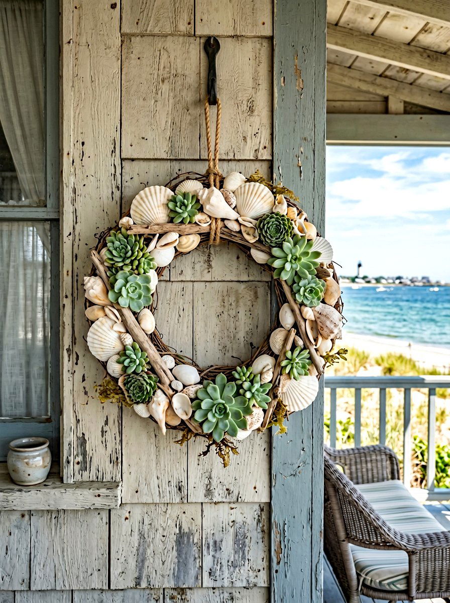 Seashell And Succulent Wreath - 25 Spring Succulent Wreath Ideas