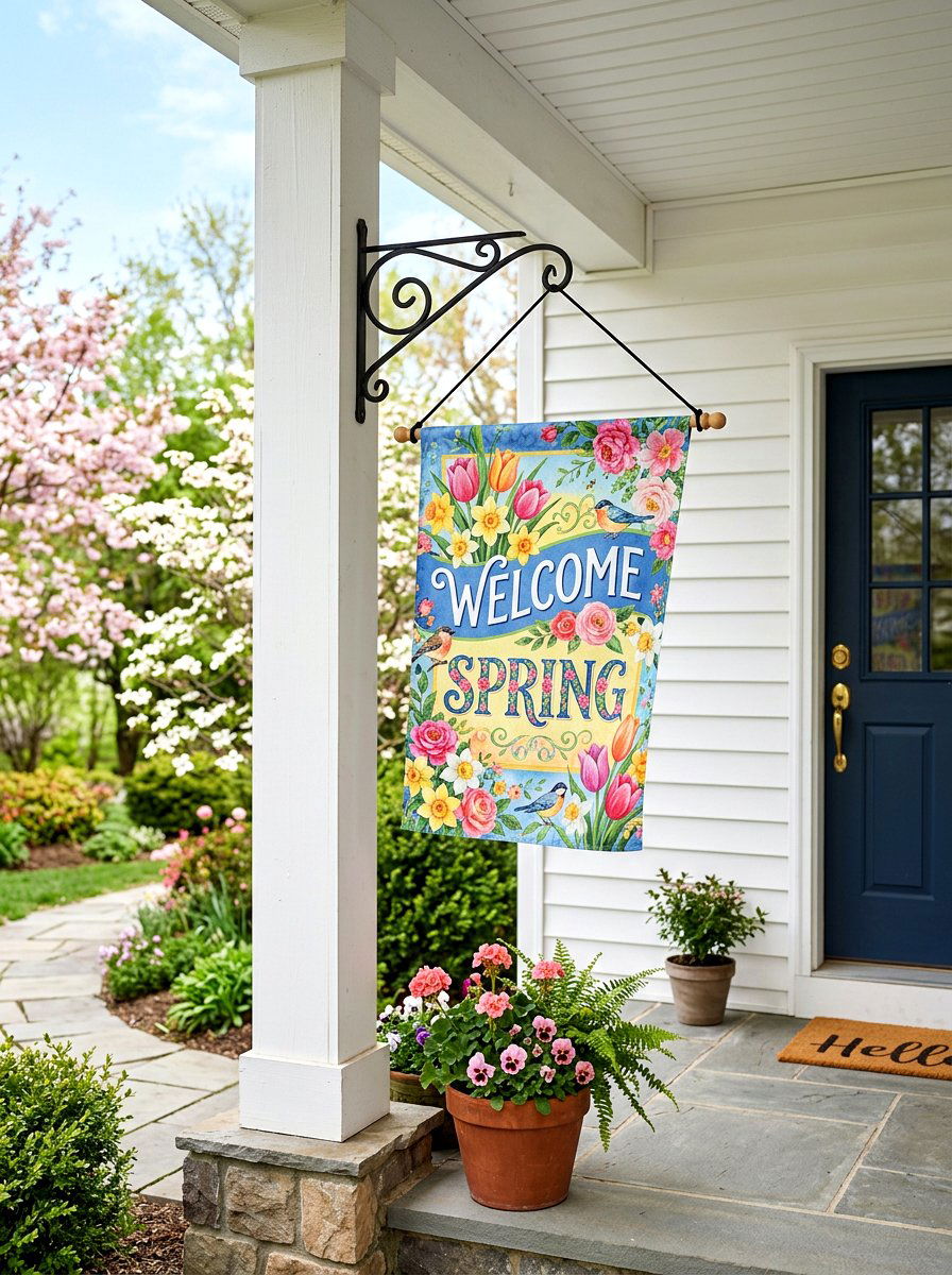 Seasonal Banner Flag Porch Post - 25 Spring Porch Post Decor Ideas