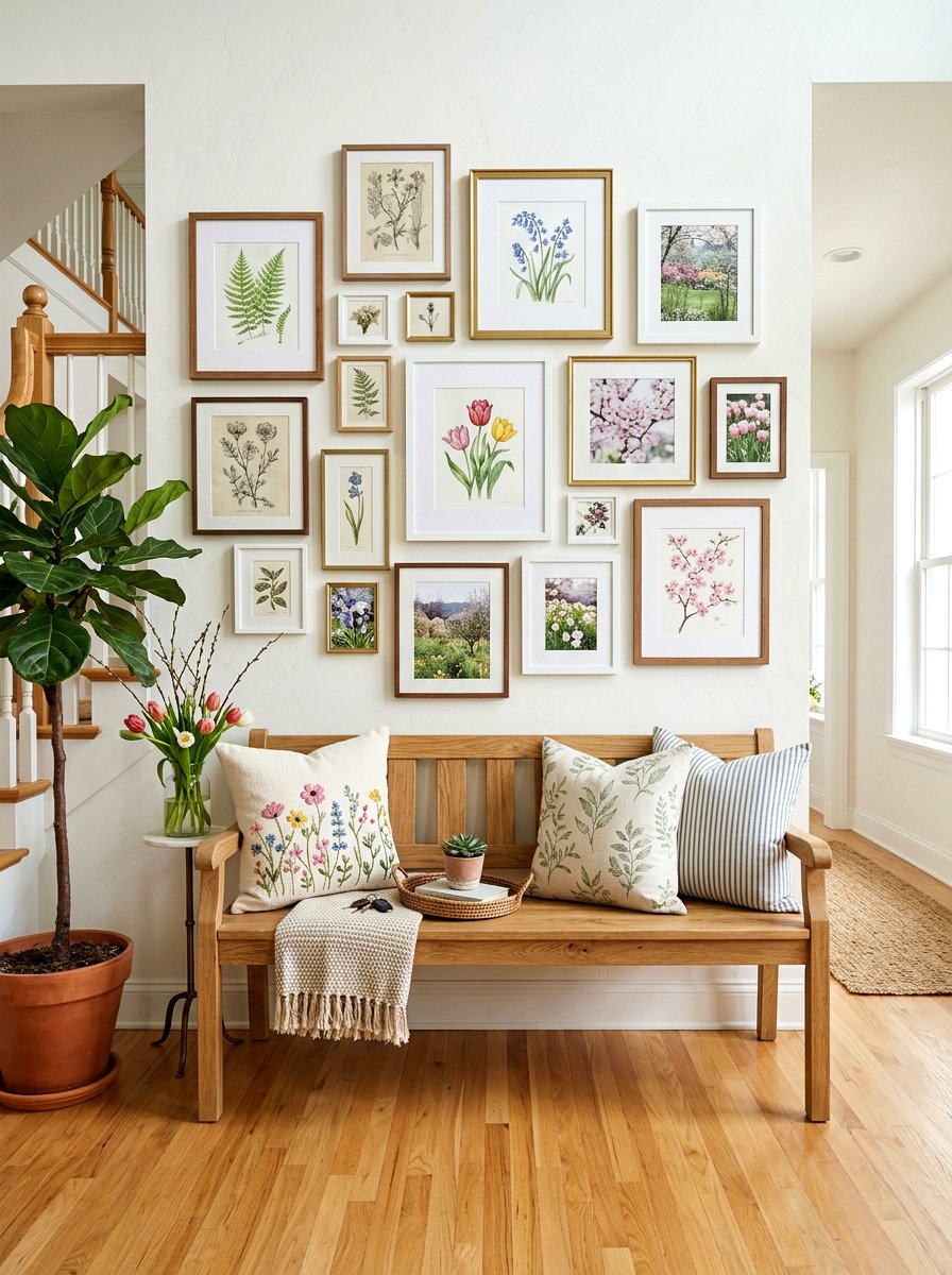 Seasonal Gallery Wall Bench - 25 Spring Entryway Bench Decor Ideas