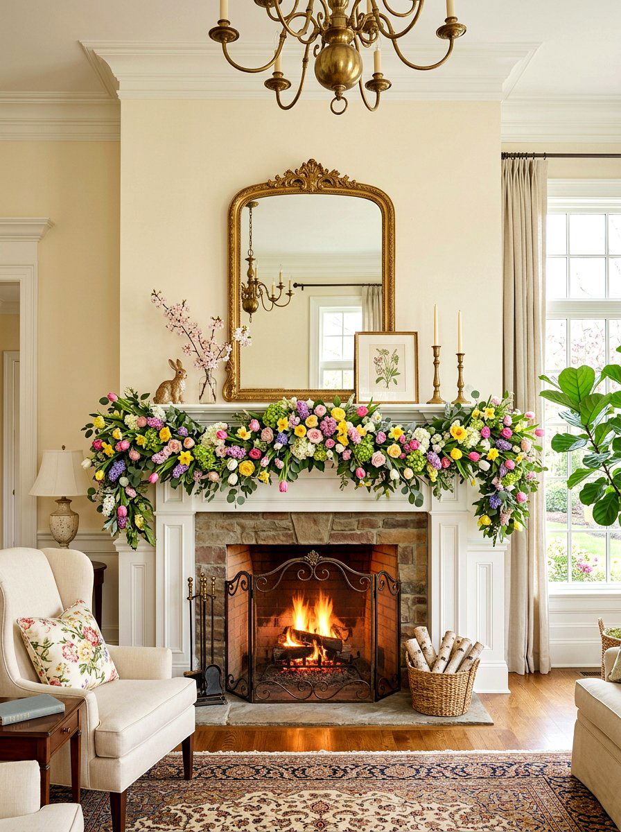 Seasonal Garland Spring Mantel - 25 Spring Mantel Styling Ideas