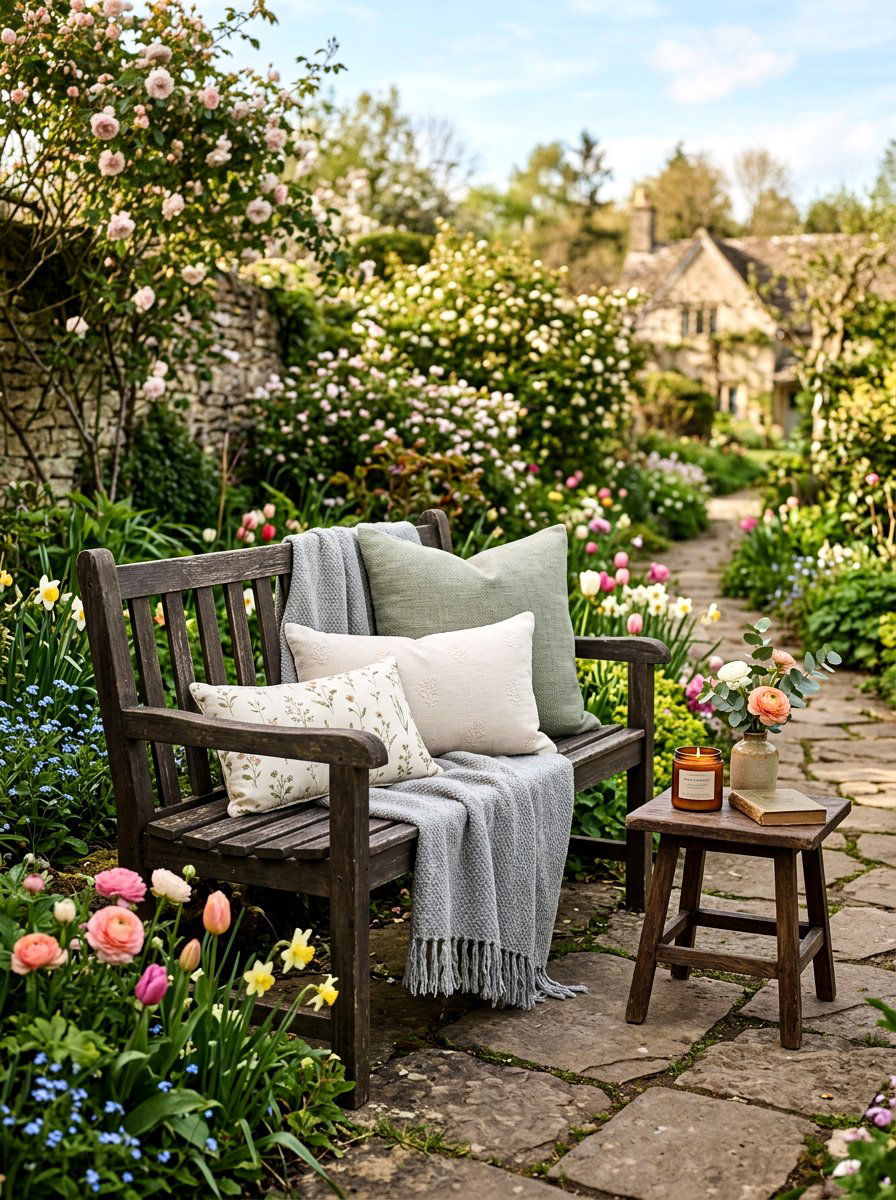 Seasonal Spring Bench Layering - 25 Spring Outdoor Bench Decor Ideas