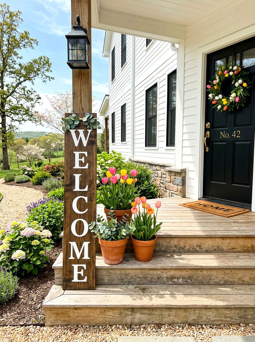 Seasonal Welcome Sign Entry - 25 Spring Porch Step Decor Ideas