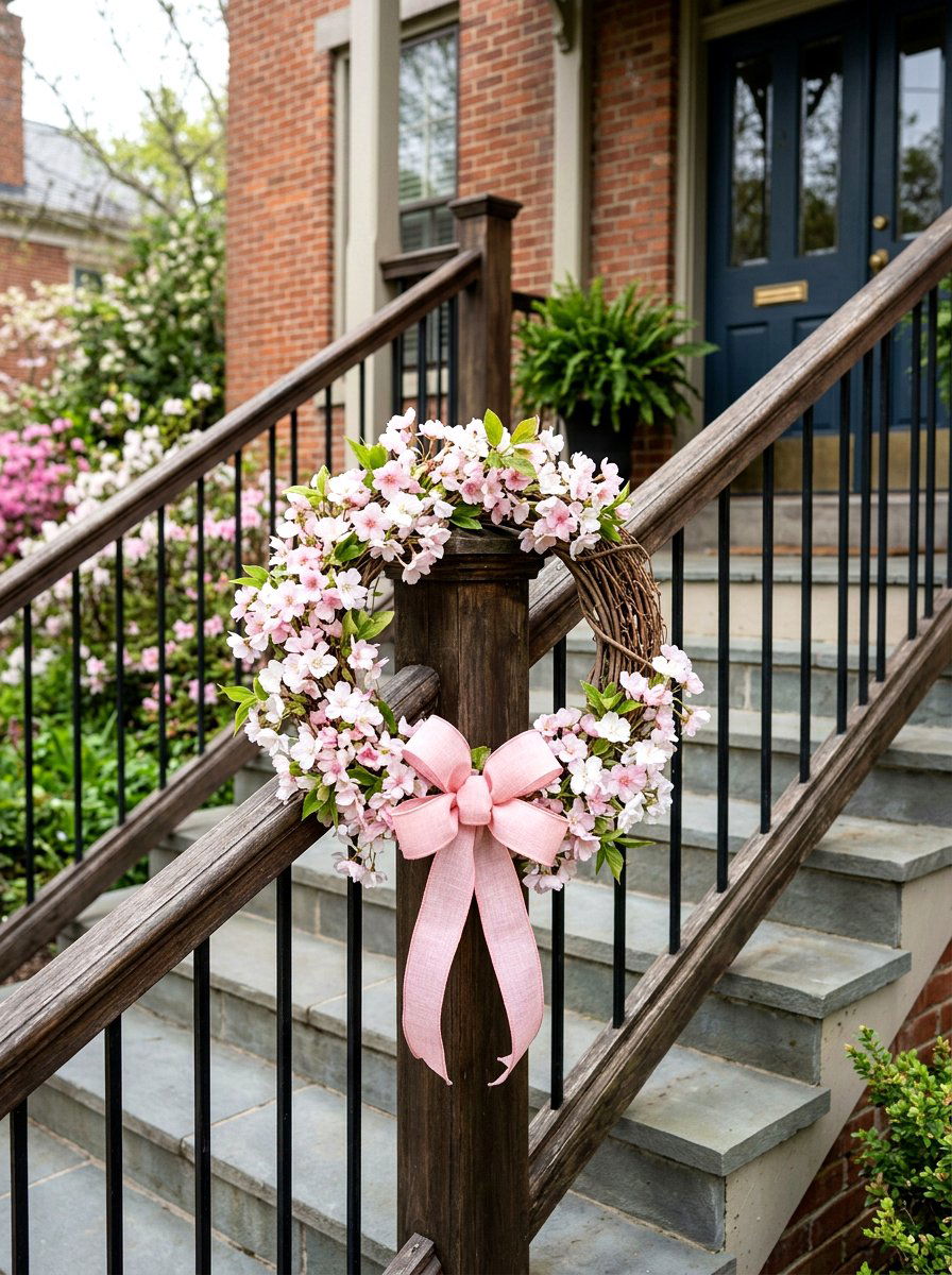 Seasonal Wreath On Stair Railing - 25 Spring Outdoor Staircase Decor Ideas