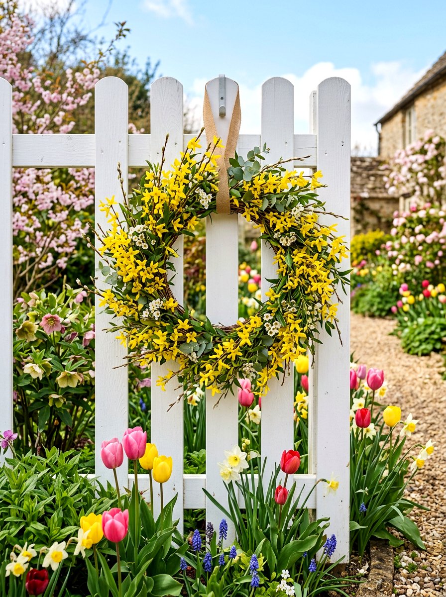 Seasonal floral wreath - 25 Spring Garden Fence Decor Ideas