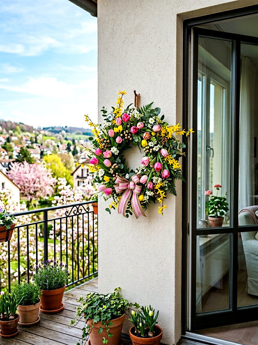 Seasonal spring wreath - 25 Spring Balcony Wall Decor Ideas