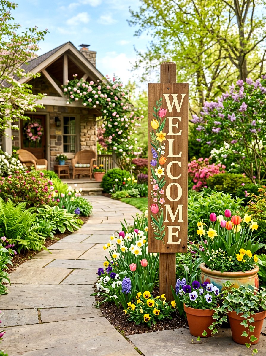 Seasonal welcome sign - 25 Spring Front Walkway Decor Ideas