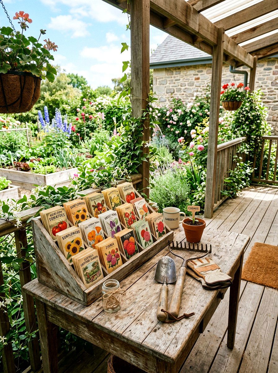 Seed packet display - 25 Spring Porch Table Decor Ideas