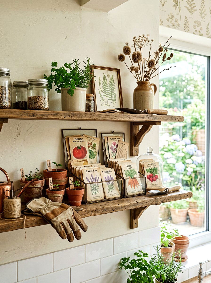 Seed packets in glass boxes - 25 Spring Kitchen Shelf Decor Ideas