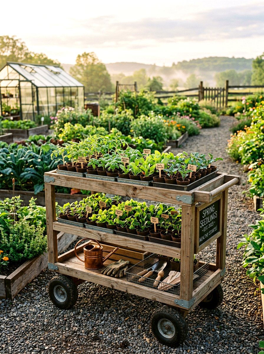 Seedling Starter Rolling Cart - 25 Spring Garden Cart Display Ideas