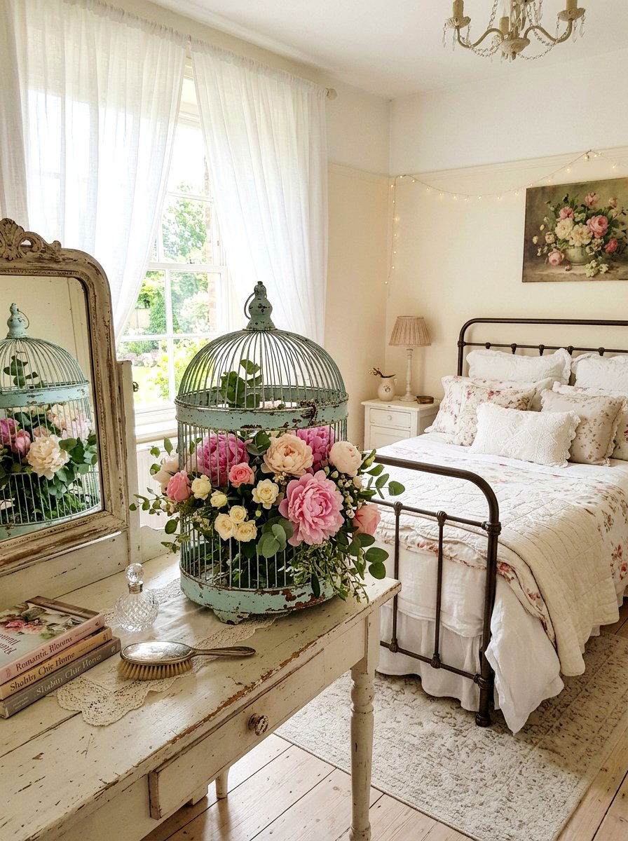 Shabby Chic Birdcage With Peonies - 25 Spring Birdcage Decor Ideas