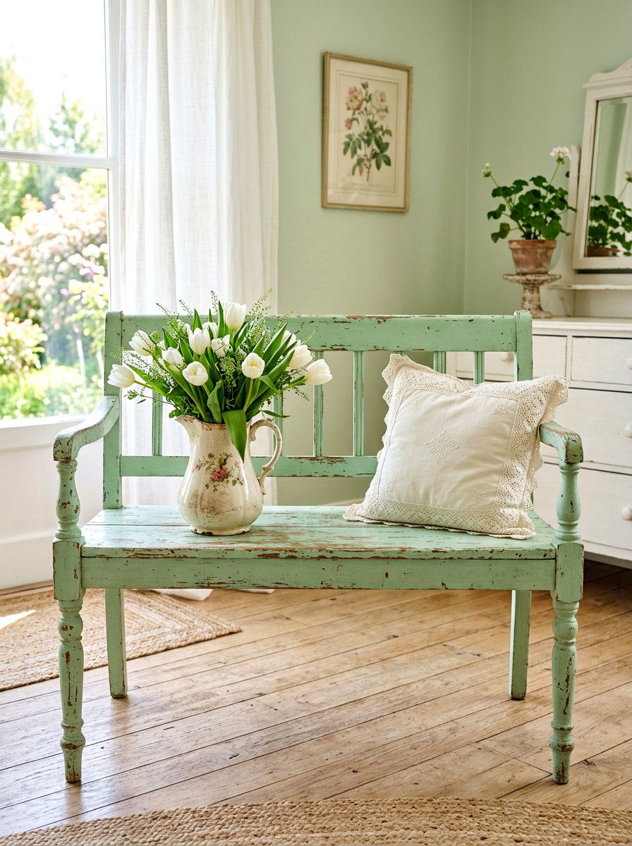 Shabby Chic Distressed Bench - 25 Spring Entryway Bench Decor Ideas