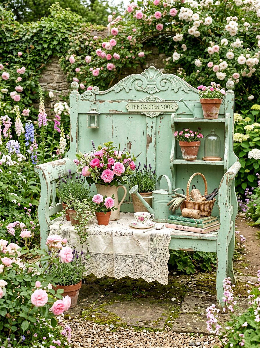 Shabby Chic Garden Bench - 25 Spring Potting Station Decor Ideas
