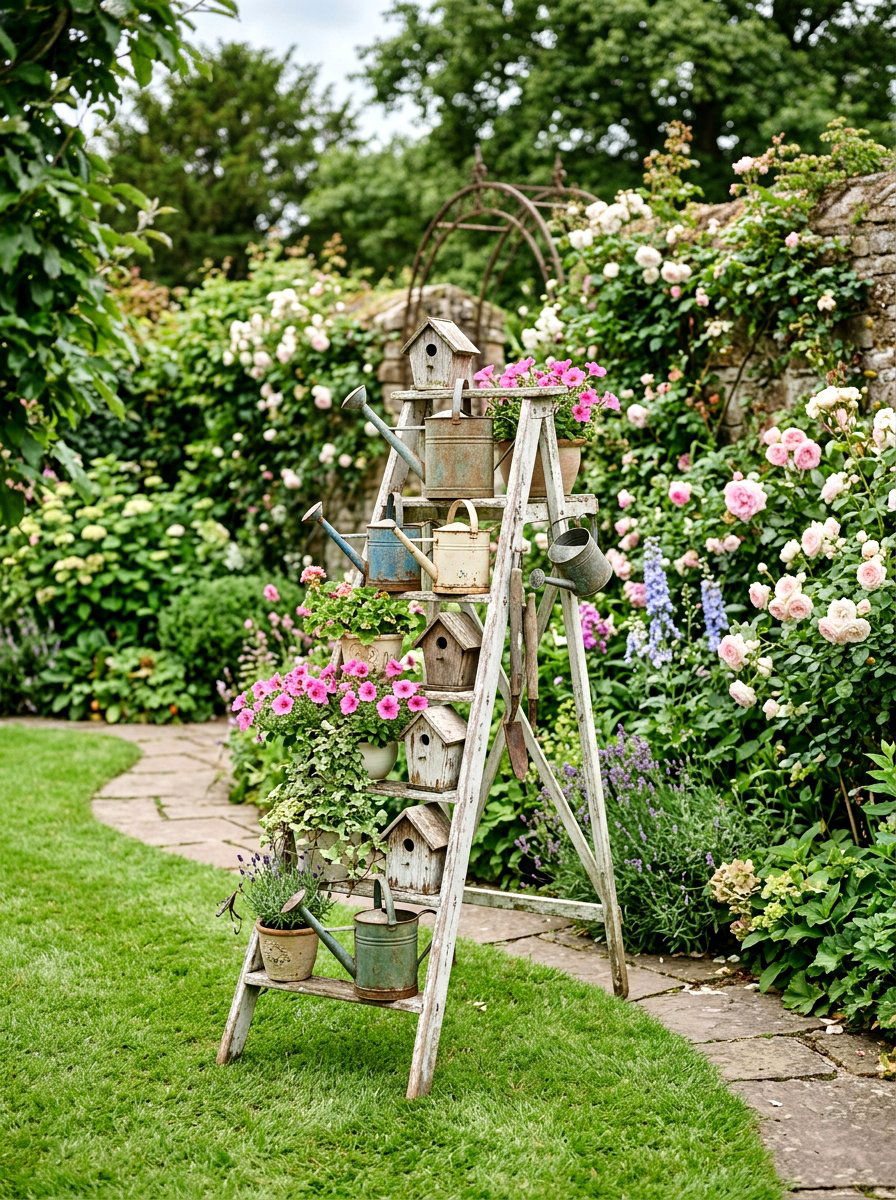 Shabby Chic Garden Corner - 25 Spring Ladder Decor Ideas