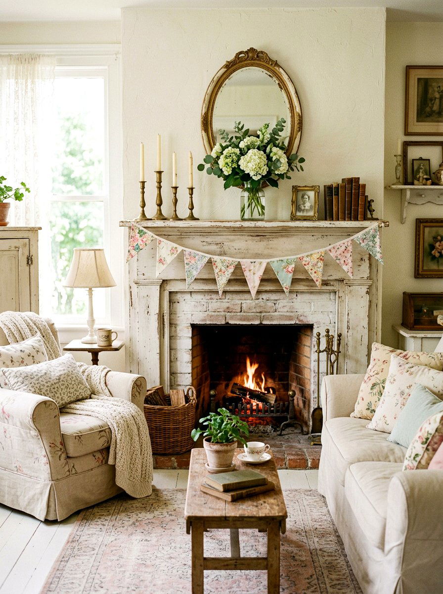 Shabby Chic Mantle Bunting - 25 Spring Fabric Bunting Ideas