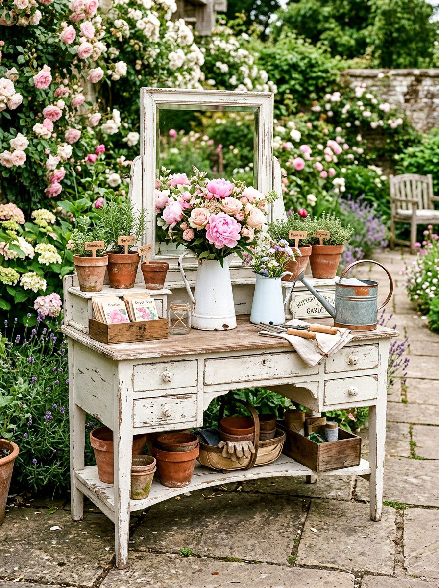 Shabby Chic Potting Station - 25 Spring Potting Bench Decor Ideas
