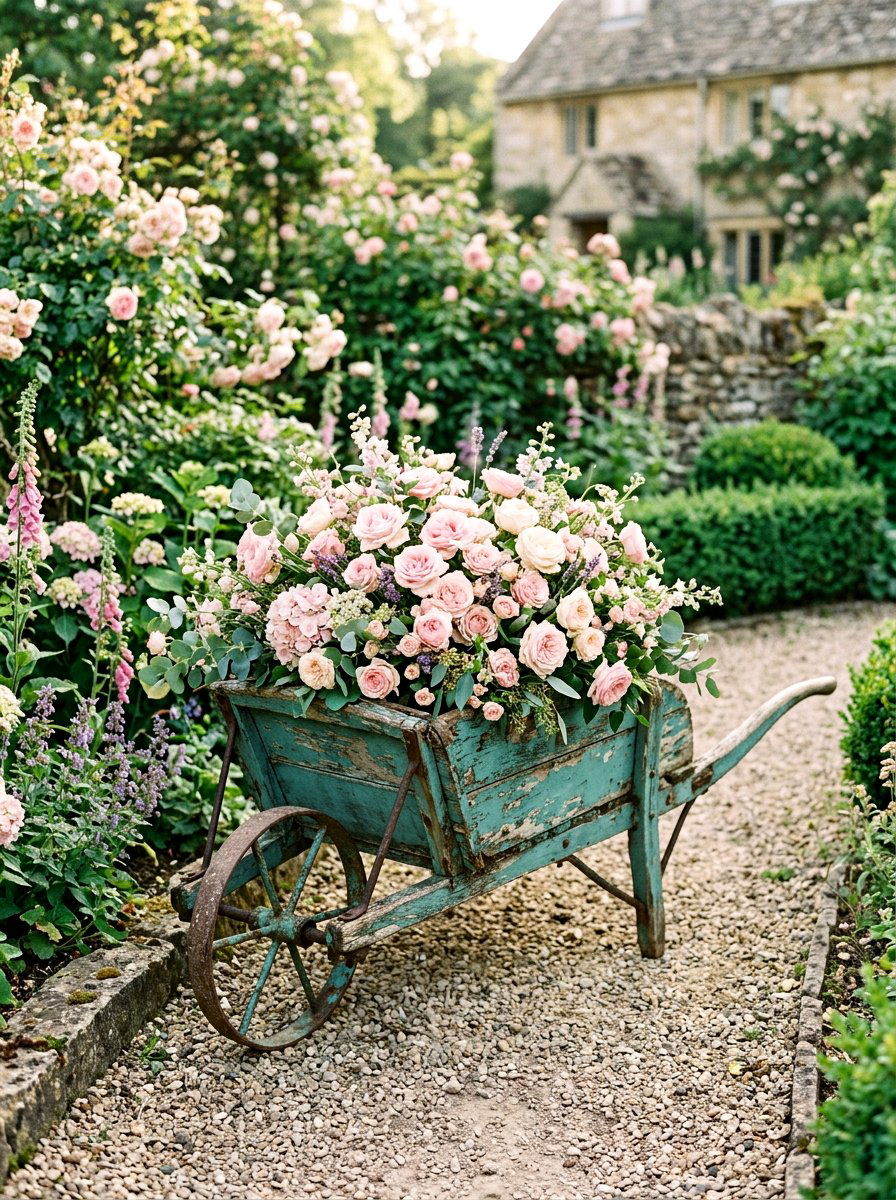 Shabby Chic Wheelbarrow - 25 Spring Wheelbarrow Planter Ideas