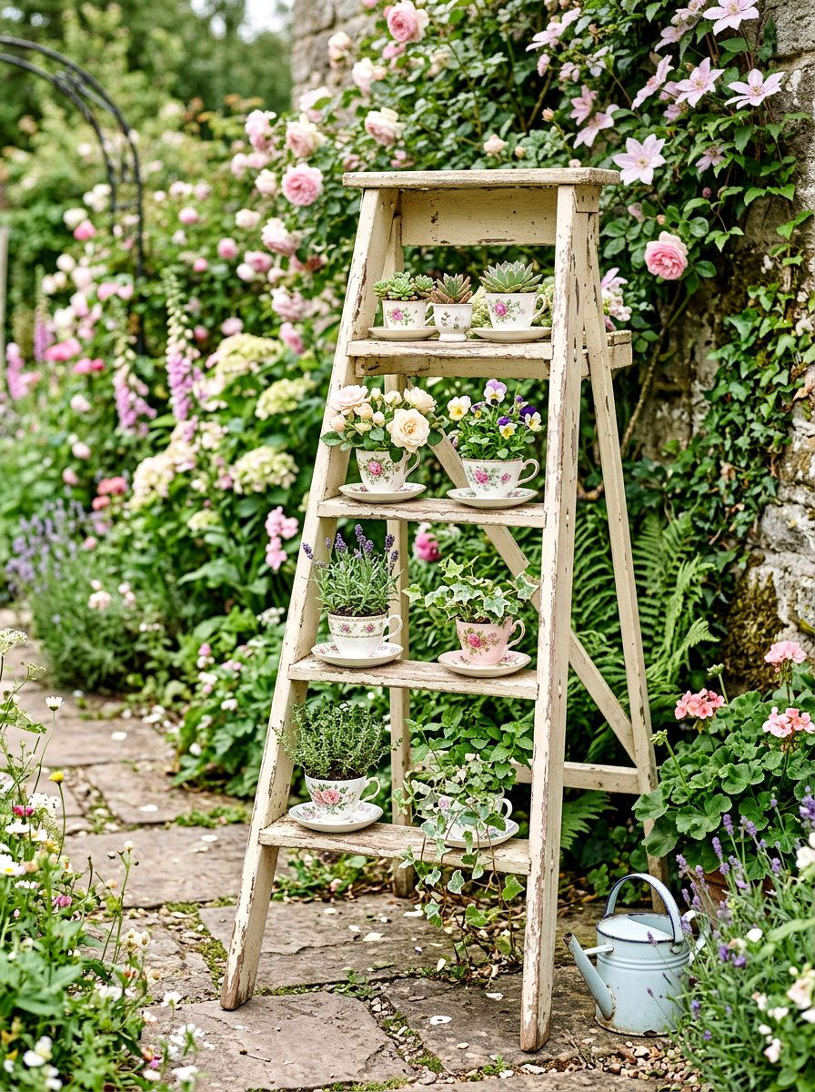 Shabby chic ladder garden - 25 Spring Outdoor Ladder Decor Ideas