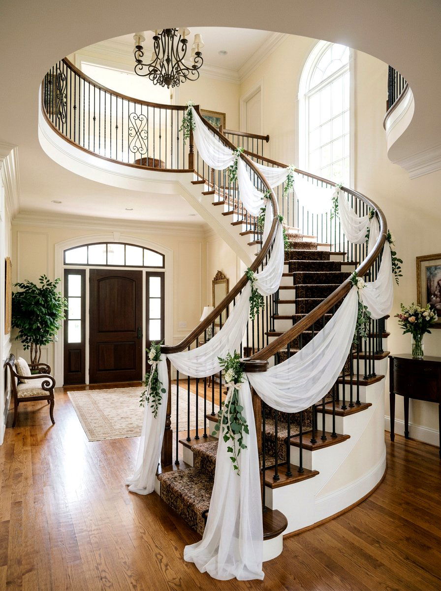 Sheer Voile Drape - 25 Spring Stair Railing Decor Ideas