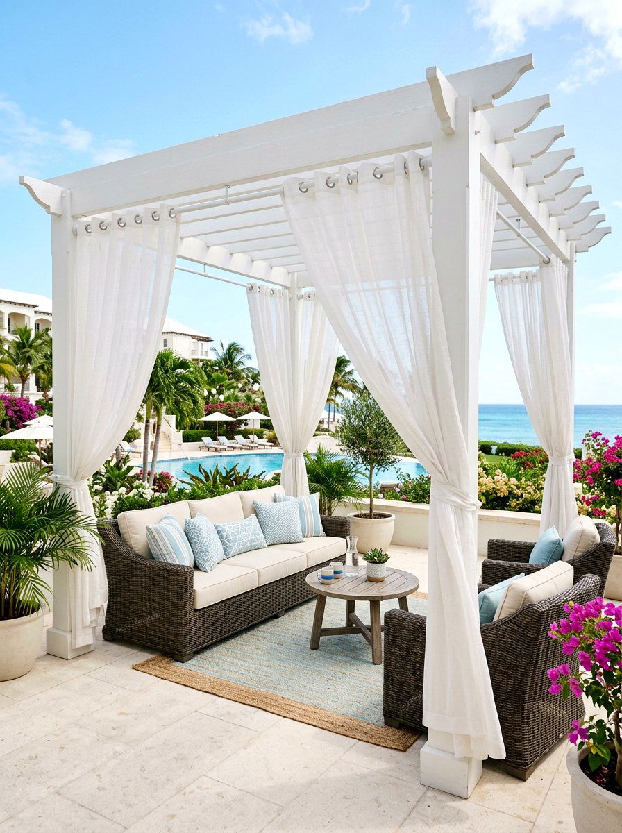 Sheer White Curtains - 25 Spring Pergola Decor Ideas