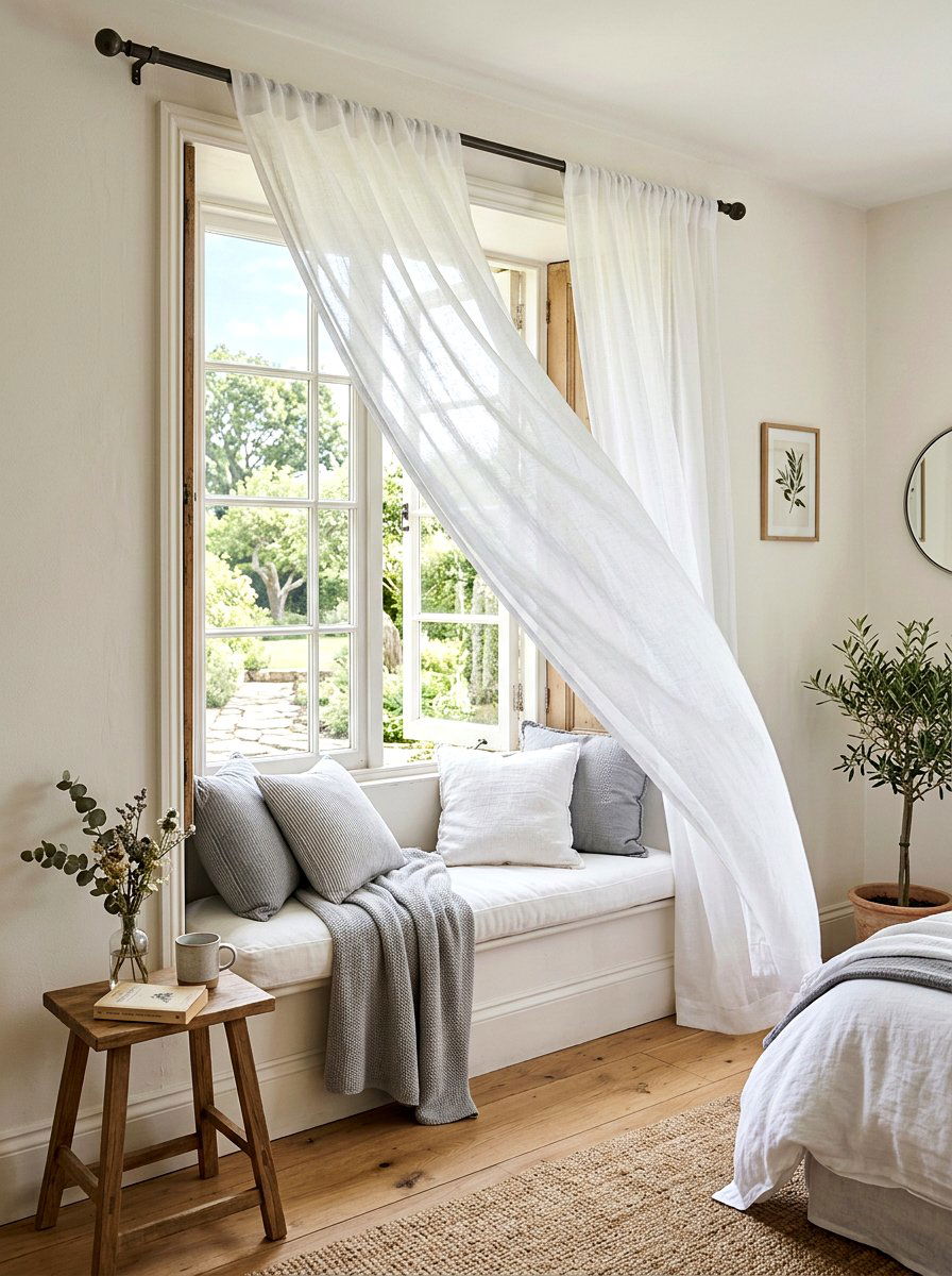 Sheer White Curtains - 25 Spring Window Seat Decor Ideas