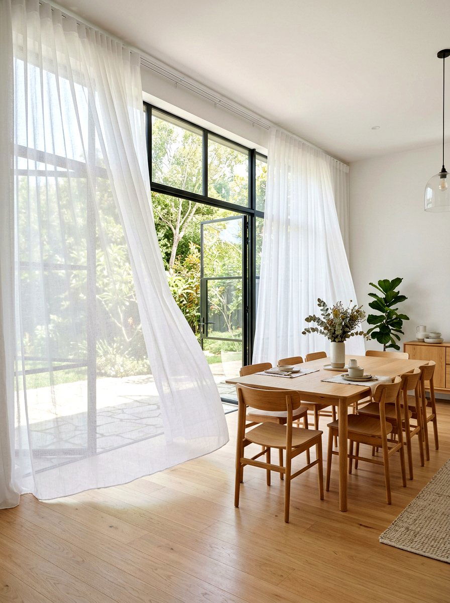 Sheer White Curtains - 25 Spring Dining Room Decor Ideas
