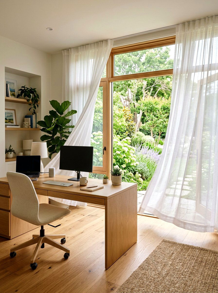 Sheer white curtains - 25 Spring Office Decor Ideas