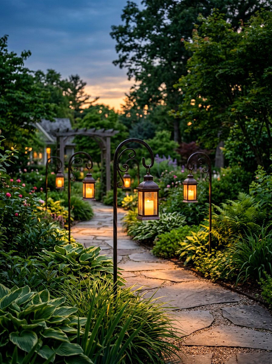 Shepherd hook lanterns - 25 Garden Spring Decor Ideas