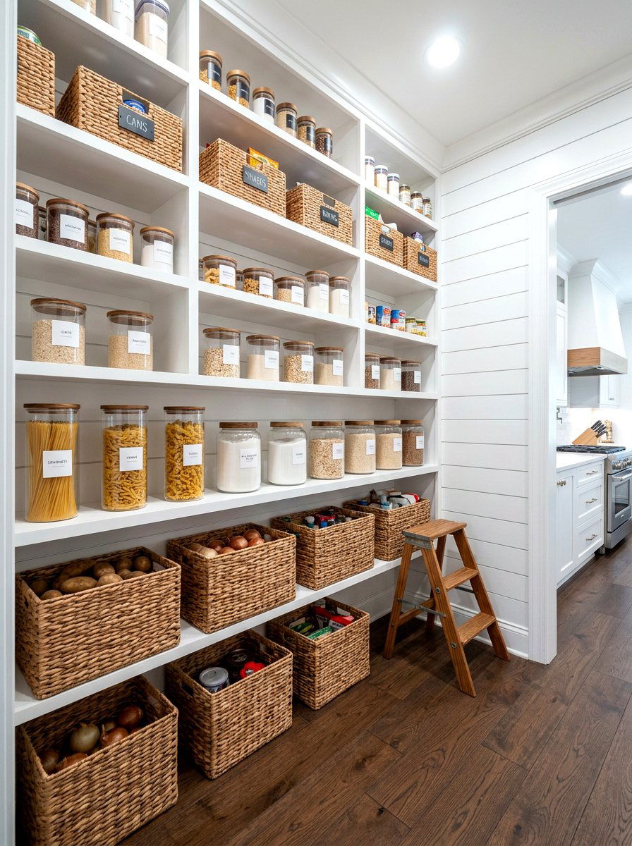Shiplap Pantry Wall With Wicker Baskets - 25 Spring Shiplap Wall Decor Ideas
