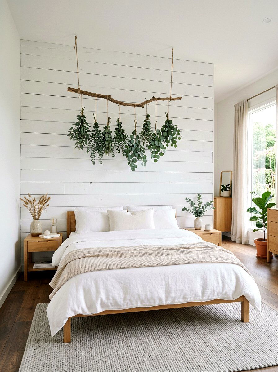 Shiplap Wall With Hanging Eucalyptus - 25 Spring Shiplap Wall Decor Ideas