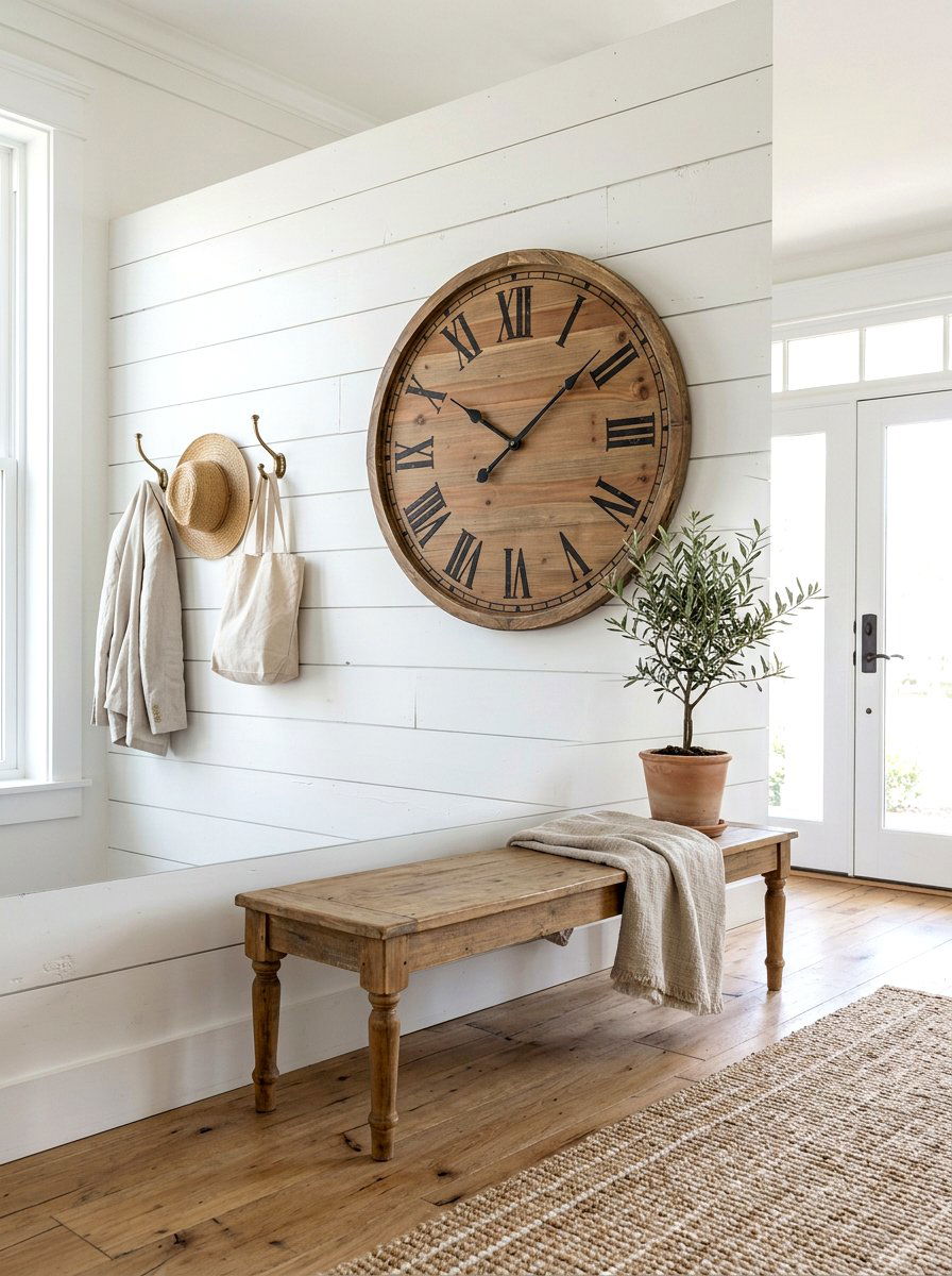 Shiplap Wall With Oversized Wall Clock - 25 Spring Shiplap Wall Decor Ideas
