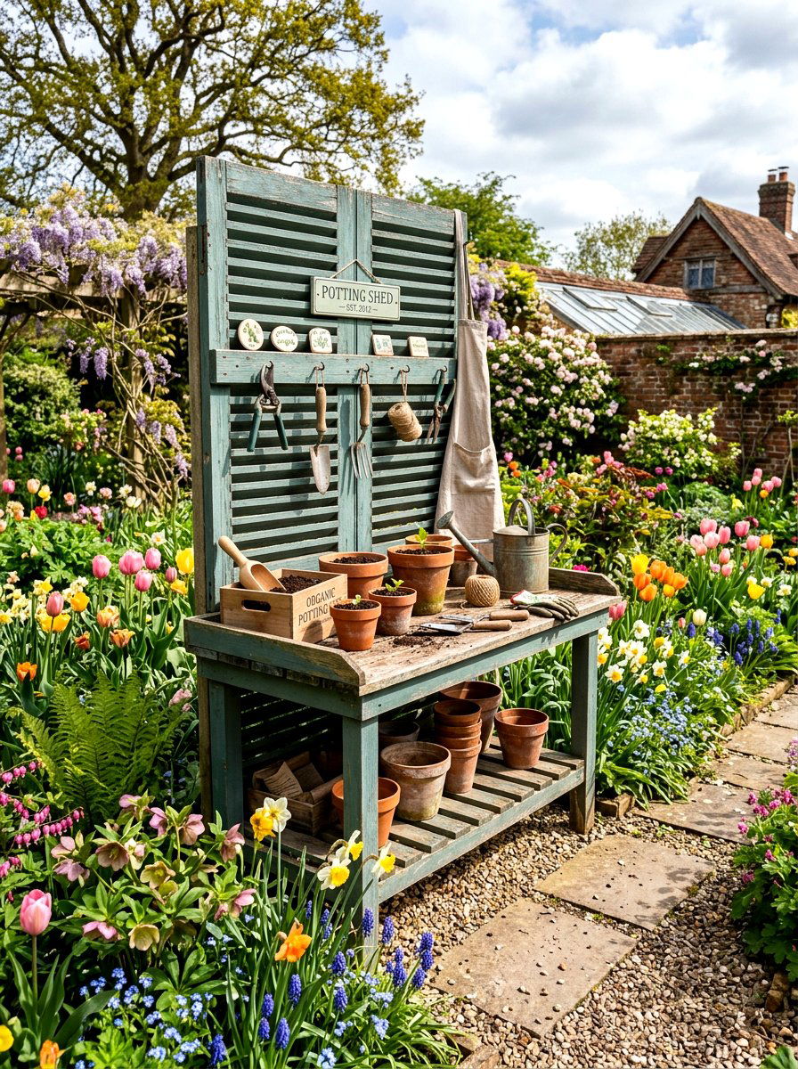 Shutter Potting Bench - 25 Spring Shutter Decor Ideas