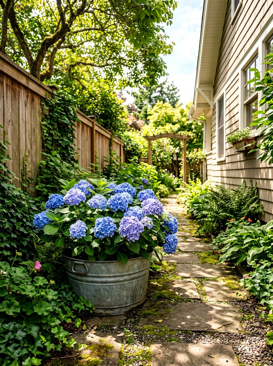 Side Yard Hydrangea Tub - 25 Spring Galvanized Tub Planter Ideas