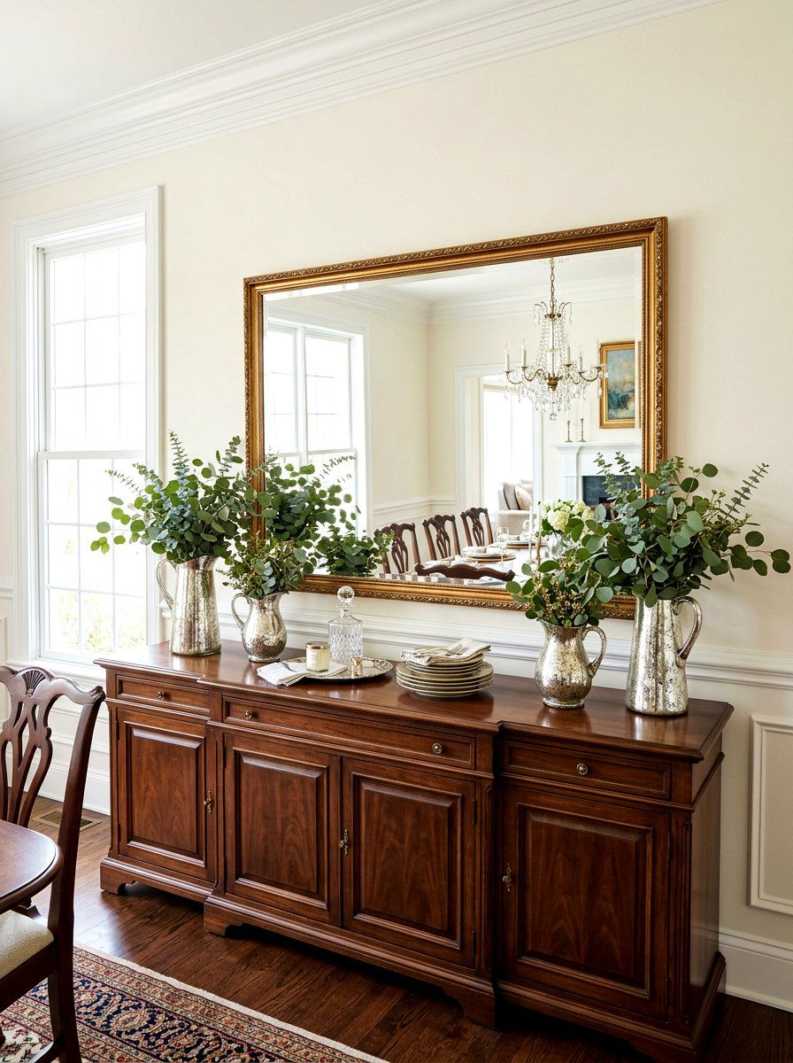 Sideboard decor with mercury glass pitchers - 25 Spring Mercury Glass Decor Ideas