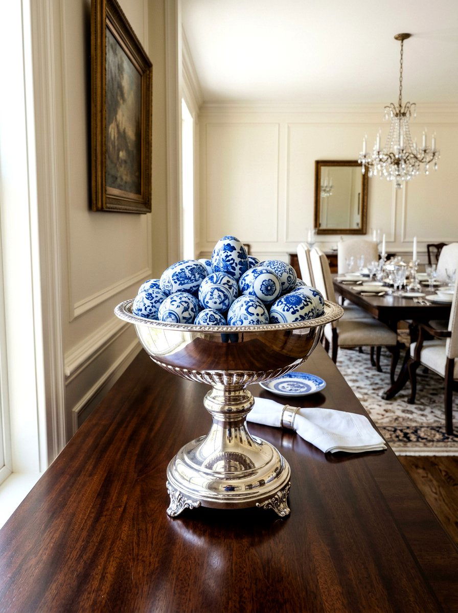 Silver Pedestal Bowl With Blue And White Eggs - 25 Spring Pedestal Bowl Ideas