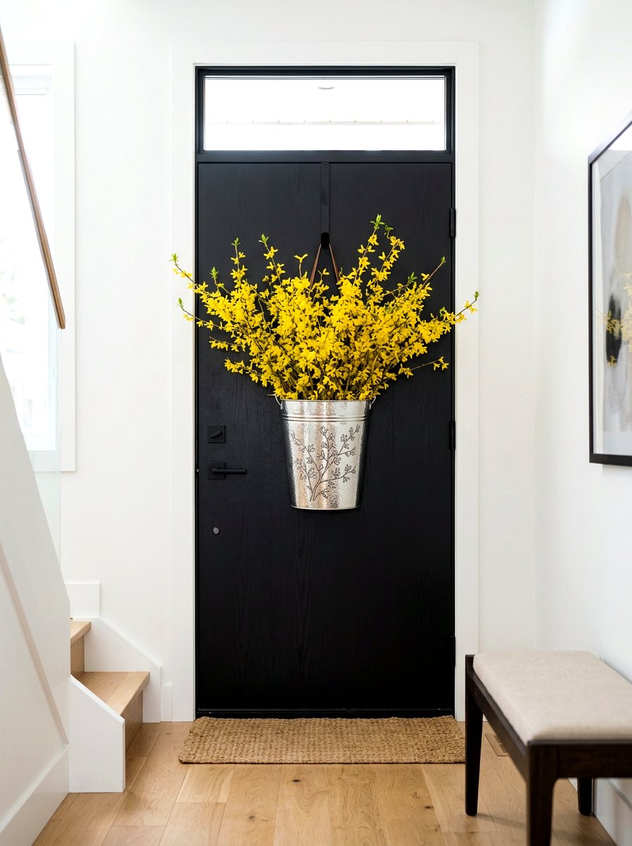 Silver bucket with Forsythia - 25 Spring Flower Bucket Door Ideas