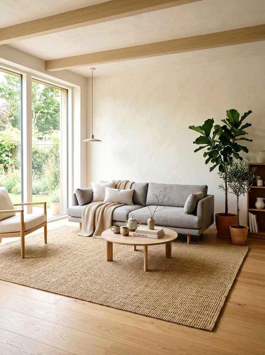 Sisal rug Japandi lounge - 25 Spring Japandi Decor Ideas