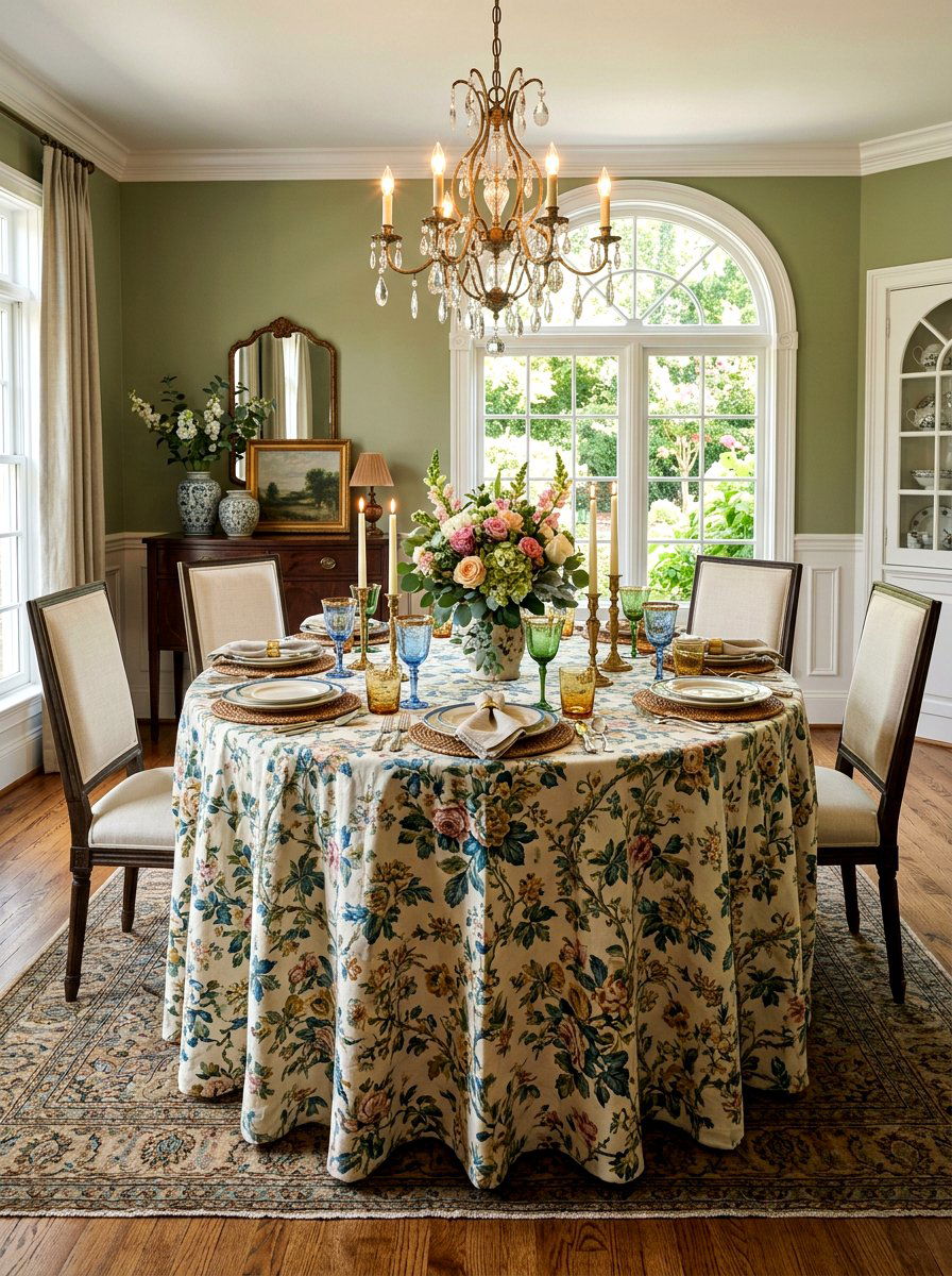 Skirted table dining room setup - 25 Spring Grandmillennial Decor Ideas