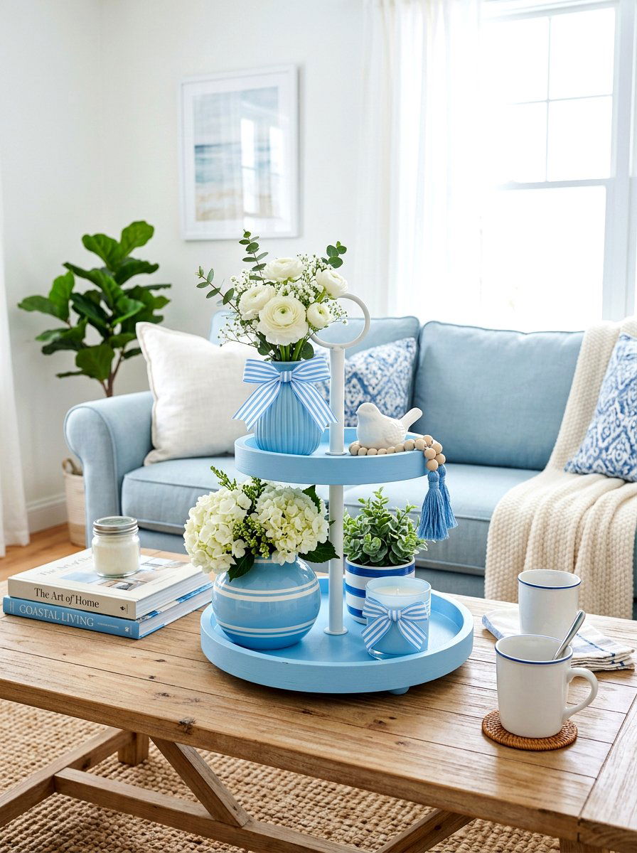 Sky Blue And White - 25 Spring Tiered Tray Decor Ideas