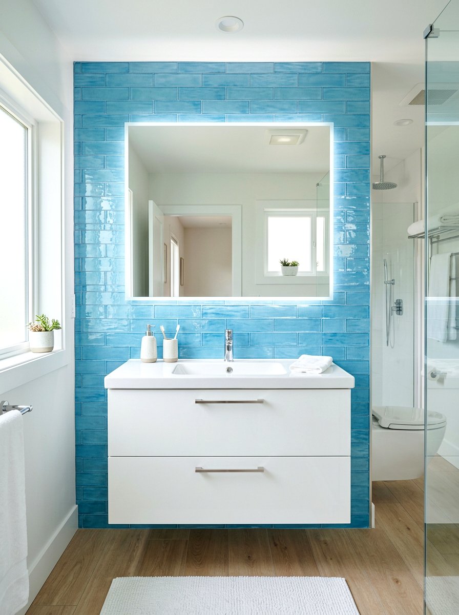 Sky Blue Glass Backsplash - 25 Spring Bathroom Decor Ideas