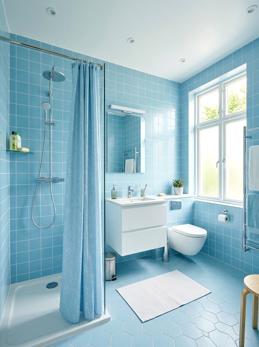 Sky Blue Tiled Bathroom - 25 Spring Shower Curtain Ideas